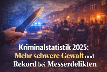 Hand holding a knife at a crime scene with German police officers and police cars at night.