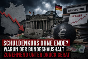 German federal budget crisis concept with Reichstag building, euro debt ball, and economic charts.