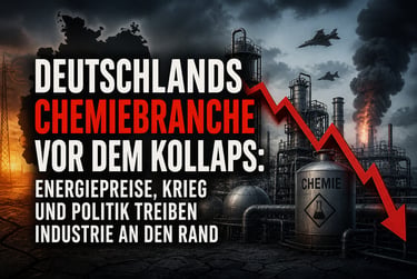 Germany's chemical industry faces collapse due to energy prices, war, and politics, depicted with factories, warplanes, and