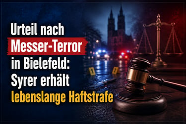 Judge's gavel and scales of justice near a crime scene with police lights for a Bielefeld court verdict.