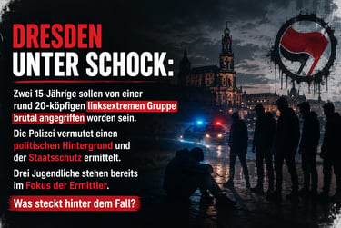 Dresden news graphic reporting on an attack by left-wing extremists with police at a city landmark night scene.