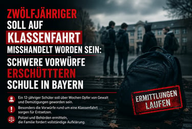 German news graphic about a 12-year-old student investigation at a school in Bavaria.