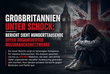 A girl sitting in despair against a backdrop of Big Ben and the UK flag, highlighting child abuse reports.