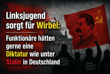German political graphic showing Linksjugend solid members before the Reichstag with a Joseph Stalin flag.