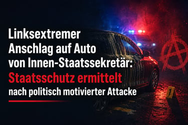 Polizeieinsatz bei linksextremem Anschlag auf Auto eines Staatssekretärs mit Anarchie-Symbol im Hintergrund.