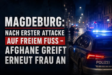 German police car with flashing blue lights at night in Magdeburg alongside news text about a local incident.