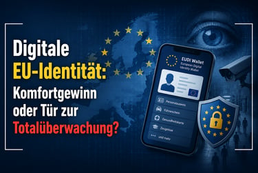 Digital EU Identity graphic showing the EUDI Wallet on a smartphone with a map of Europe and a security camera.