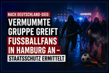 Masked group attacking football fans in Hamburg after a German match, illustrated with news headline.