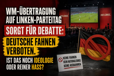 A political graphic showing a German flag with a red prohibition sign during a Die Linke party meeting.