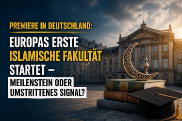 Islamic faculty announcement in Germany featuring a crescent moon, books, and mortarboard.