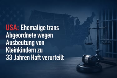 A gavel and scales of justice icon against a US map background with German text about a legal sentence.