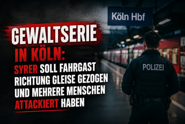 German police officer standing at Köln Hbf train station platform near a regional train.