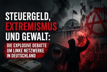 Ein vermummter Demonstrant mit einer Leuchtrakete steht vor dem Reichstagsgebäude. Auf dem Gebäude i