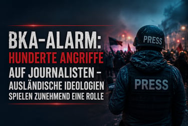 Journalist in Schutzkleidung für die Presse steht einer Protestkundgebung gegenüber, bei der ein deu