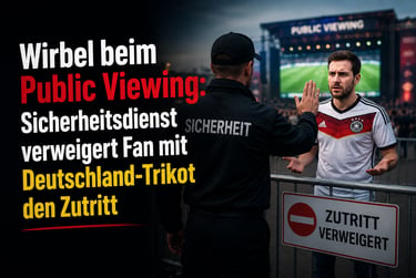 A security guard denies entry to a soccer fan wearing a Germany jersey at a public viewing event.