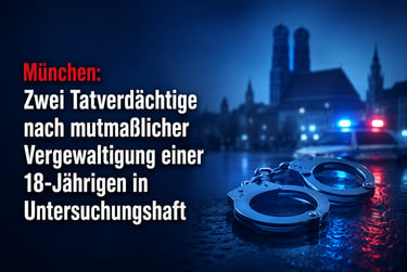 Auf einer nassen Oberfläche liegen Handschellen, im Hintergrund ist die verschwommene Münchner Stadt
