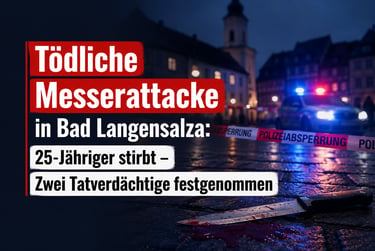 Blutiges Messer an einem Tatort in Bad Langensalza, nachts mit Absperrband und Blaulicht.