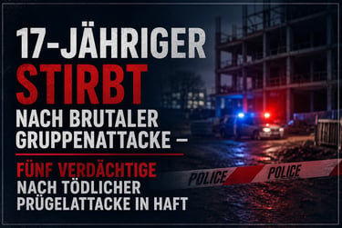 Deutsche Nachrichtengrafik über einen tödlichen Gruppenangriff mit Blaulicht und Absperrband bei Nac