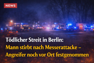 Emergency vehicles with flashing blue lights at a night crime scene in Berlin for a news report.