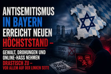 Poster about rising antisemitism in Bavaria featuring Munich's skyline and a hooded figure at a laptop.