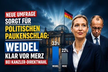 German political poll graphic showing Alice Weidel leading Friedrich Merz before the Reichstag building.