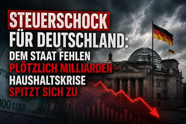 German Reichstag building under dark clouds with a red declining arrow and text about the tax shock and budget crisis.
