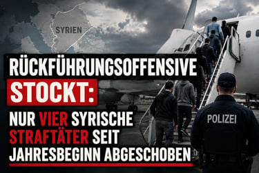 Police officer watches Syrian migrants board a plane for deportation under cloudy skies.