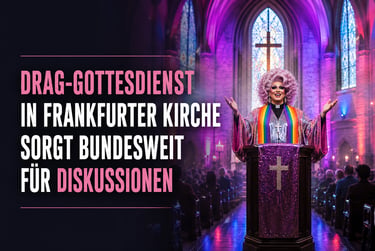 A drag queen in a rainbow robe leads a church service in Frankfurt, promoting LGBTQ+ inclusion.