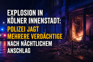 Police investigation after a building explosion and fire in Cologne city center at night.