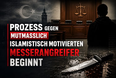 A courtroom trial graphic for a knife attack case featuring a judge's bench and a knife on a dark background.