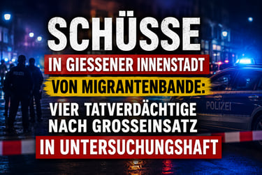 German news headline about shots in Giessen city center featuring police cars and officers at night.