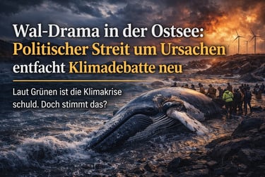 Stranded whale on the Baltic Sea coast with people nearby and wind turbines during a sunset climate debate.