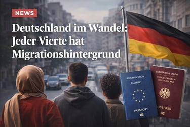 Diverse group in Germany with German passports and flag discussing migration background statistics.