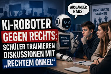 Students training with an AI robot to practice democratic discussions against right-wing slogans.
