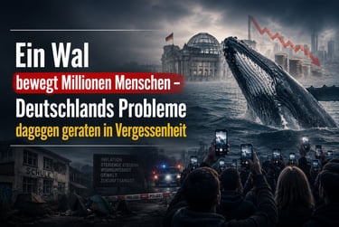 A surreal image of a whale breaching near the Reichstag, illustrating German social issues and economic decline.