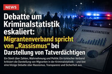 A German news graphic about crime statistics and racism featuring police cars and silhouetted figures at night.