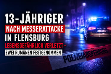 Polizei vehicle with blue lights behind crime scene tape regarding a Flensburg knife attack news report.