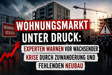 Krise am Wohnungsmarkt mit Neubau-Baustelle, Kränen und Text über Wohnungsmangel.