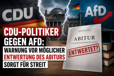 Political graphic showing CDU and AfD logos over the Reichstag, debating the devaluation of the German Abitur certificate.