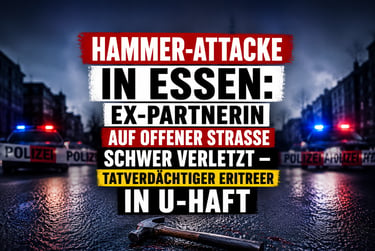 Police cars with blue lights at a crime scene in Essen after a hammer attack on a woman.