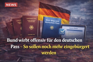 German passports and national flag with a digital application for naturalization and citizenship.