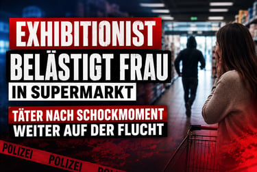 Shocked woman in a supermarket aisle with German text about an exhibitionist suspect fleeing the crime scene.