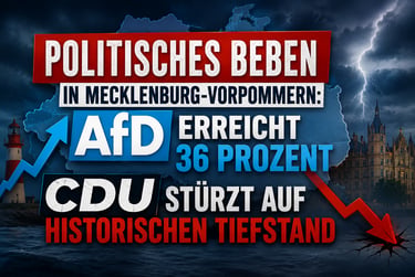 Political news graphic showing AfD poll results and CDU decline in Mecklenburg-Vorpommern under a stormy sky.
