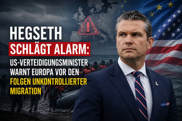 Pete Hegseth portrait with German text warning Europe about migration, featuring US and EU flags.