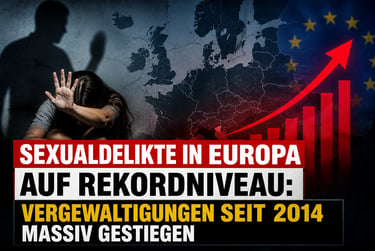 Infographic showing rising sexual crime rates in Europe with a map, a fearful woman, and a rising red arrow graph.