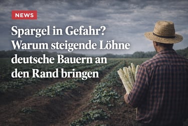 A German farmer holding white asparagus in a field, illustrating the impact of rising wages.