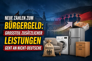 Infographic showing German Burgergeld social benefits with Reichstag building, cash, and household appliances.