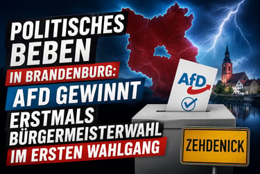 Political graphic showing AfD election win in Zehdenick Brandenburg with a ballot box and lightning background.
