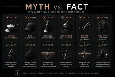 Infographic comparing common hair loss myths vs facts regarding creatine, hats, shampoo, and stress.