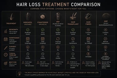 Hair loss treatment comparison chart detailing Minoxidil, Finasteride, PRP, hair transplants, and scalp micropigmentation.